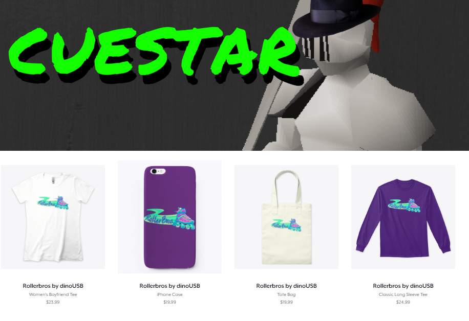 Cuestar merchandise sold via the YouTube monetization merch shelf