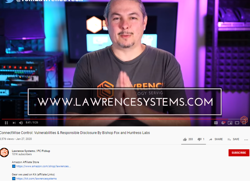 Lawrence systems' YouTube channel with affiliate links in the description