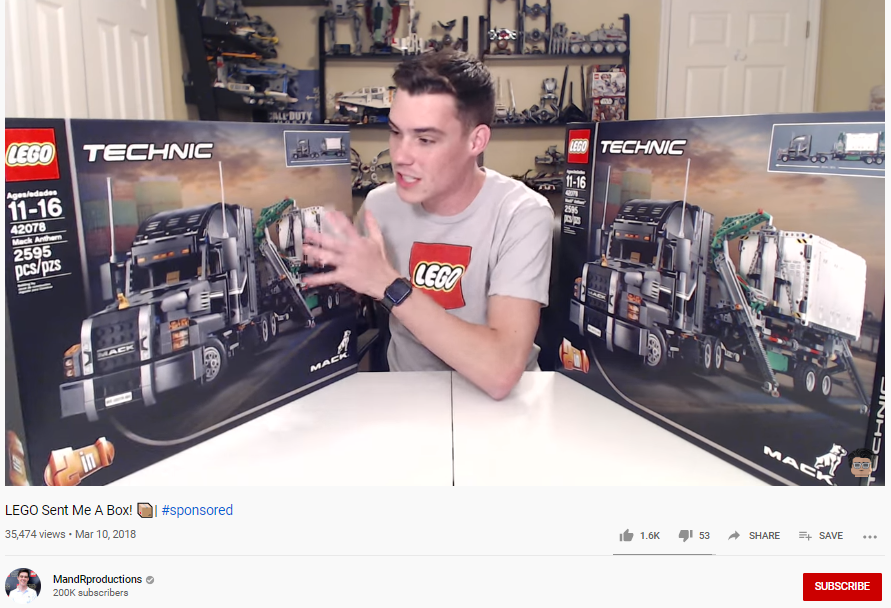 Ryan MandRproductions reviewing lego products in a sponsored YouTube video